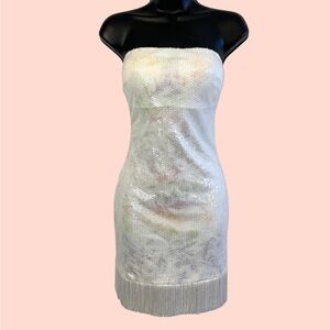 Dash of Nash Strapless White Sequin and Fringe Hem Mini Dress / Medium